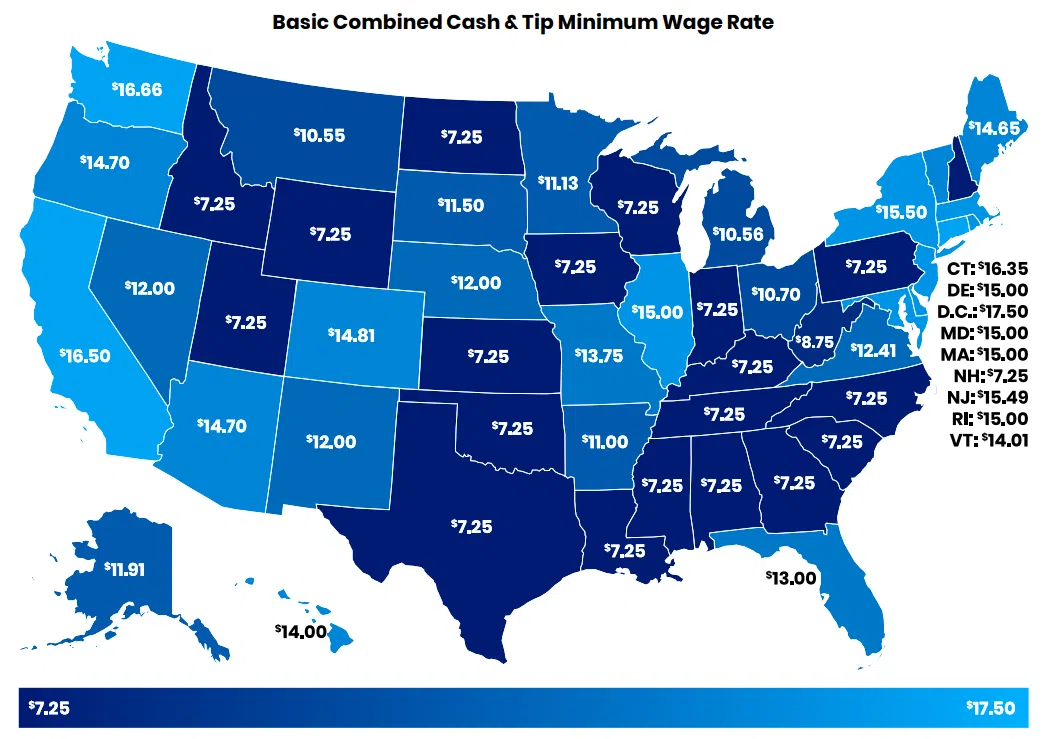Cash tip and minimum wage compliance map